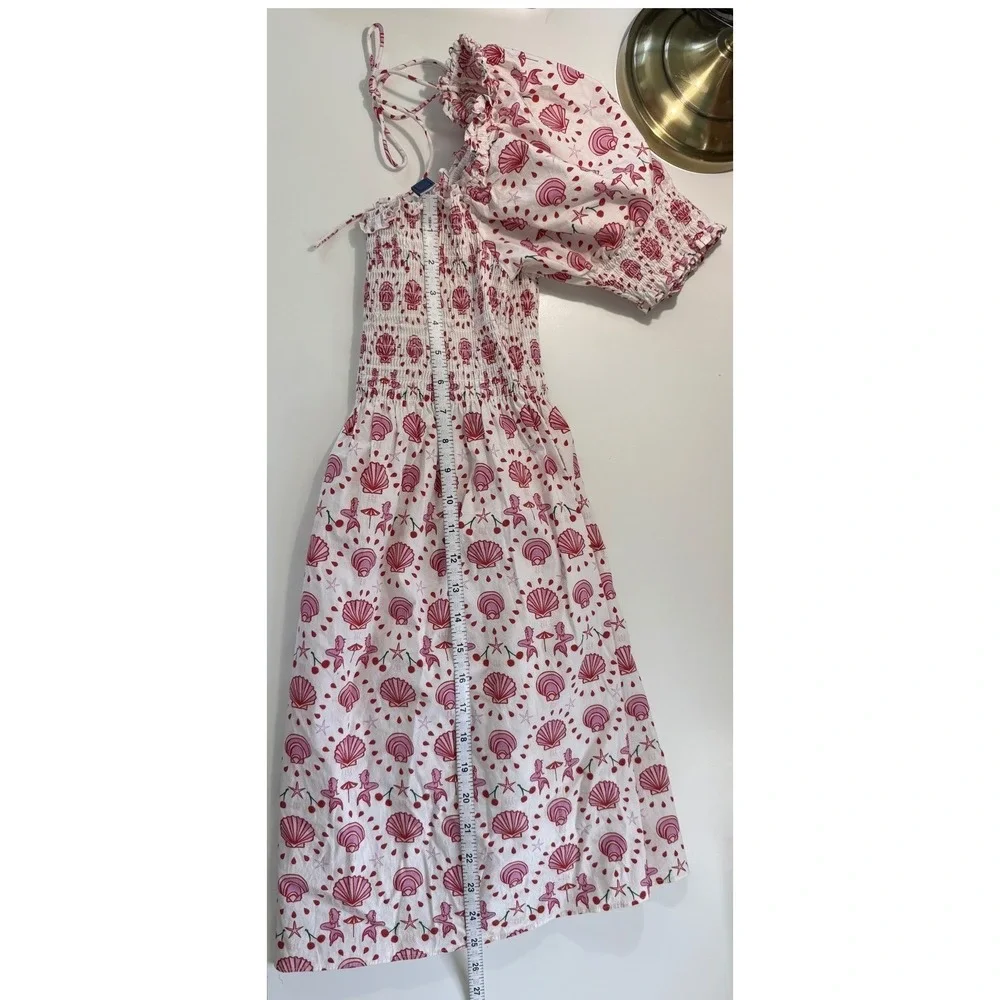 Hill House Home Mermaid Nap Dress Pink‎ Red Seashell Smocked Puff Sleeve Boho XS